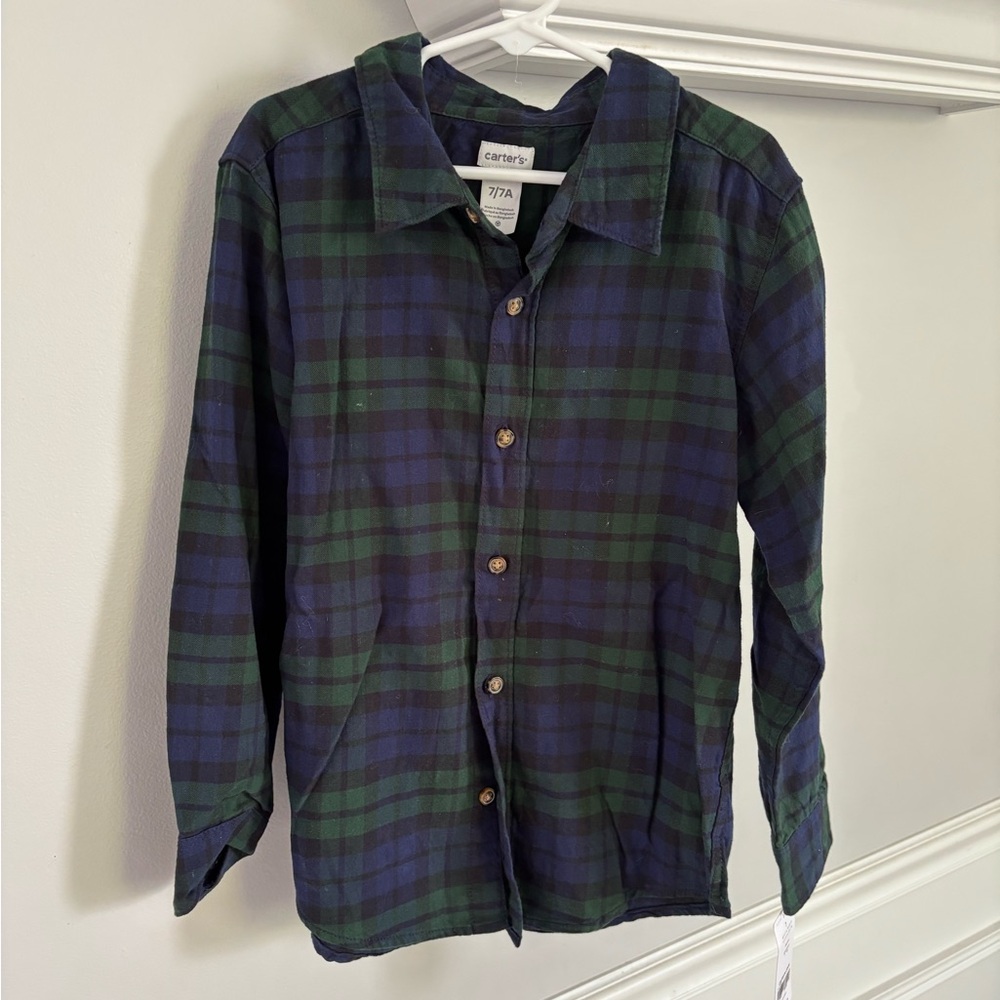 NWT- Carters Plaid Holiday Long Sleeve Button Down Shirt- Size 7